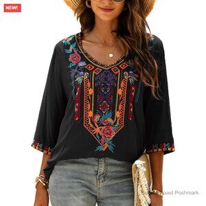 Rayon Embroidered Bohemian Tunic Top with 3/4 Sleeve V-Neck